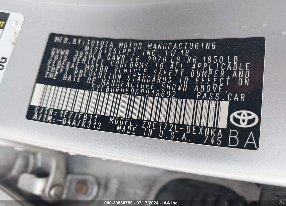 2019 TOYOTA COROLLA LE VIN: 5YFBURHE0KP918602