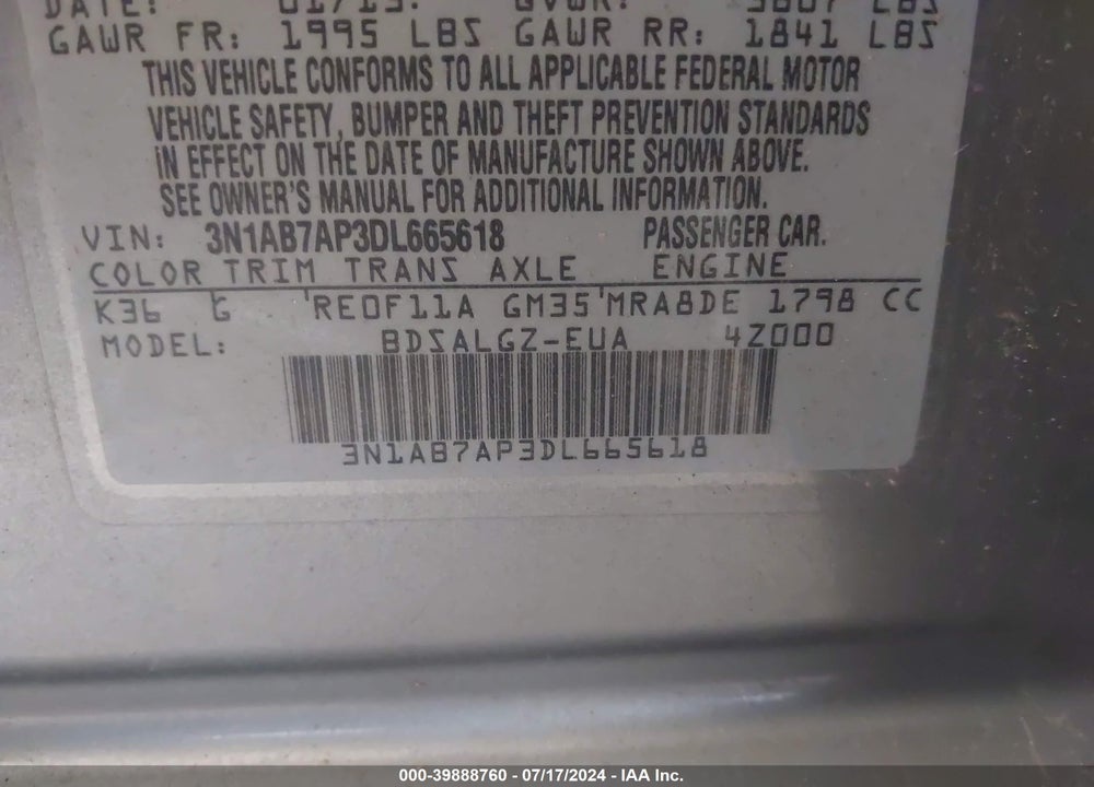 2013 NISSAN SENTRA SL VIN: 3N1AB7AP3DL665618