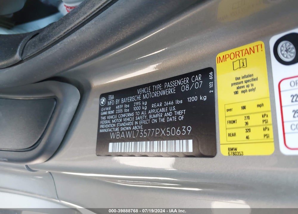 2007 BMW 335I VIN: WBAWL73577PX50639