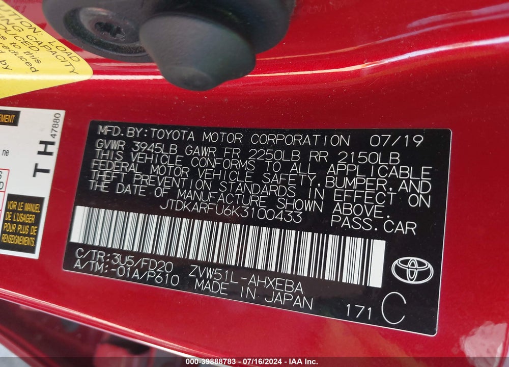 2019 TOYOTA PRIUS LE VIN: JTDKARFU6K3100433