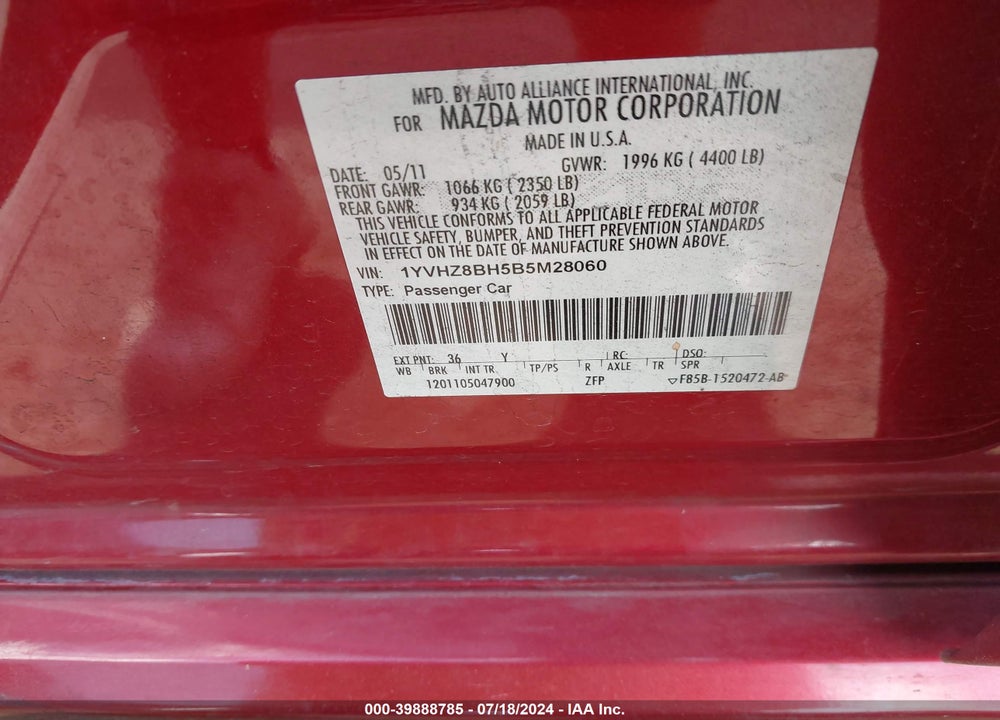 2011 MAZDA 6 I SPORT VIN: 1YVHZ8BH5B5M28060