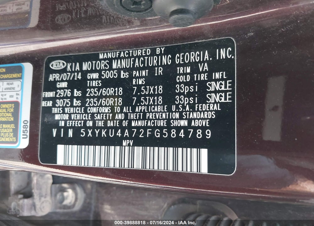 2015 KIA SORENTO EX V6 VIN: 5XYKU4A72FG584789