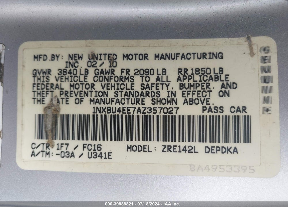 2010 TOYOTA COROLLA LE VIN: 1NXBU4EE7AZ357027