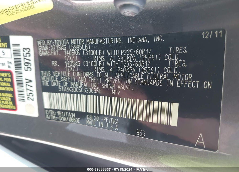 2012 TOYOTA SIENNA BASE V6 7 PASSENGER VIN: 5TDZK3DC5CS206956