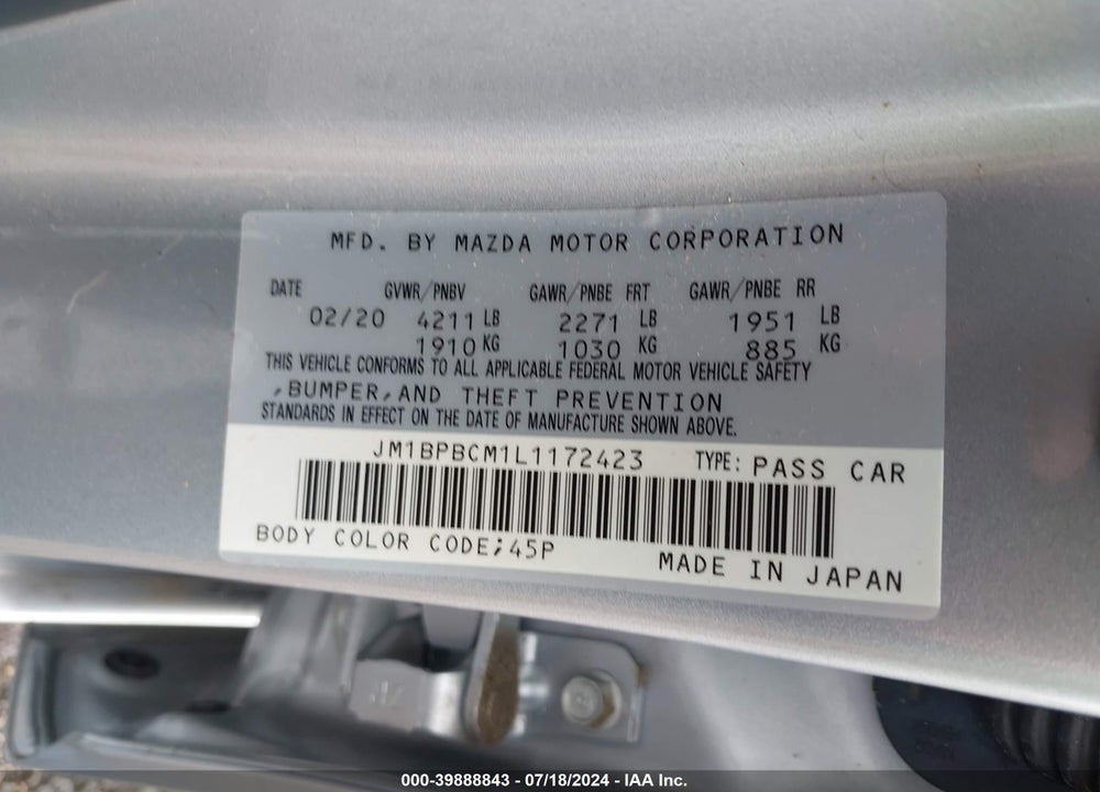 2020 MAZDA 3 SELECT PACKAGE VIN: JM1BPBCM1L1172423