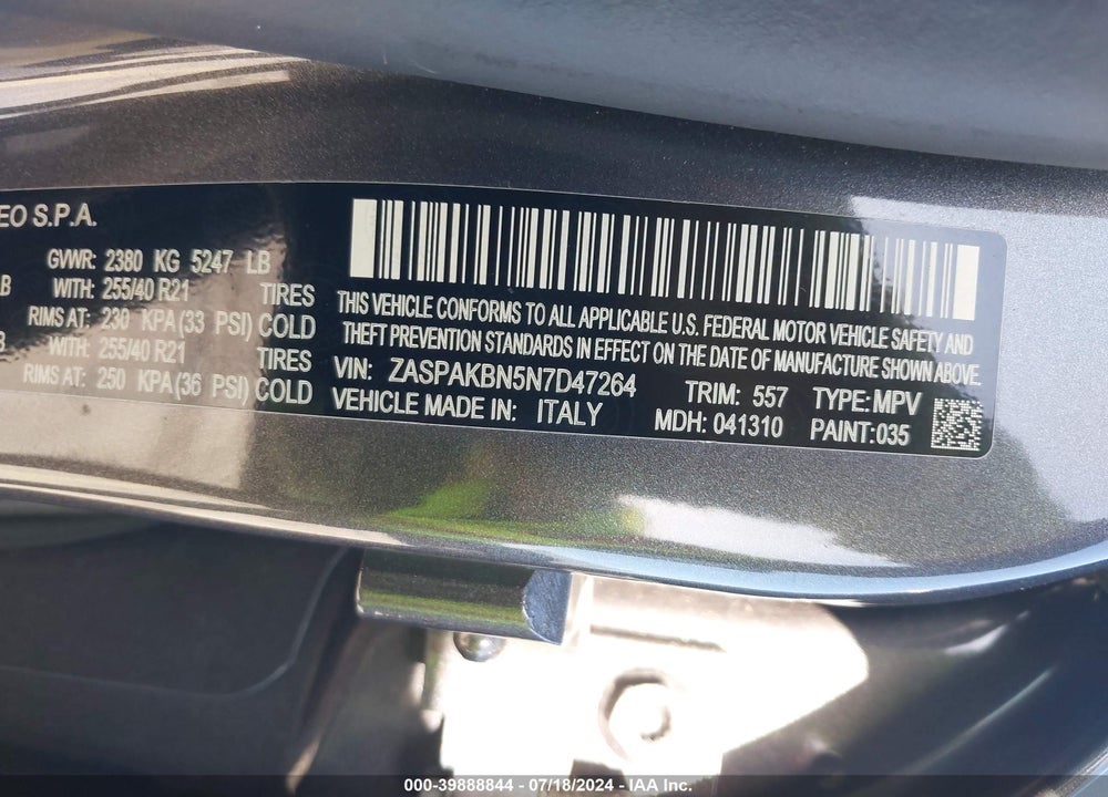 2022 ALFA ROMEO STELVIO VELOCE TI AWD VIN: ZASPAKBN5N7D47264