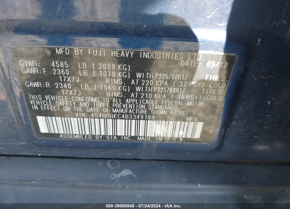 2011 SUBARU OUTBACK 2.5I LIMITED VIN: 4S4BRBKC4B3349189