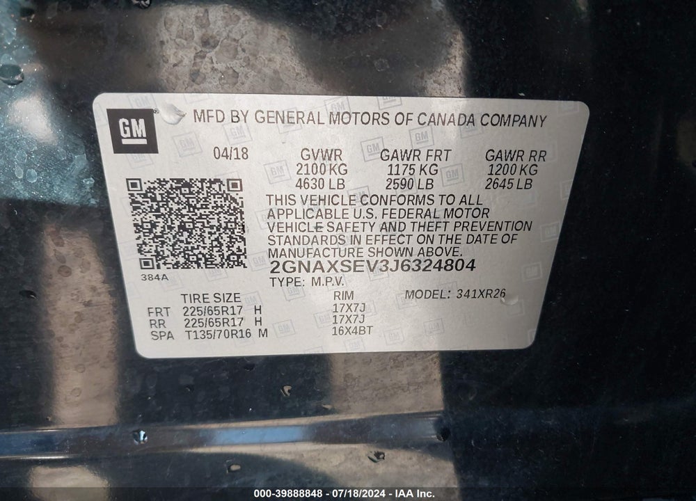 2018 CHEVROLET EQUINOX LT VIN: 2GNAXSEV3J6324804