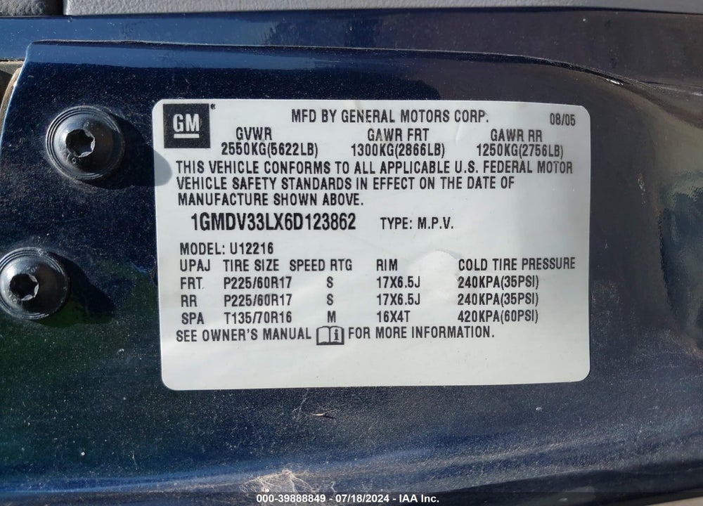 2006 PONTIAC MONTANA SV6 VIN: 1GMDV33LX6D123862