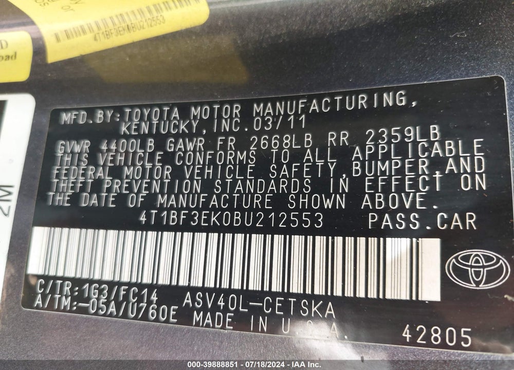 2011 TOYOTA CAMRY SE VIN: 4T1BF3EK0BU212553