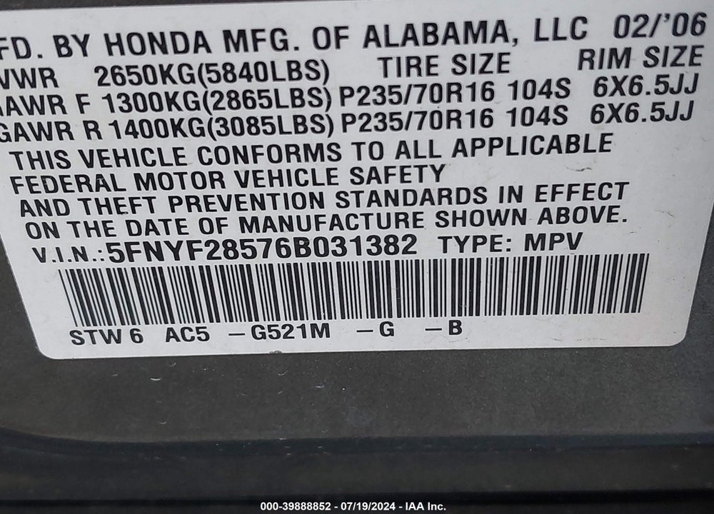 2006 HONDA PILOT EX-L VIN: 5FNYF28576B031382
