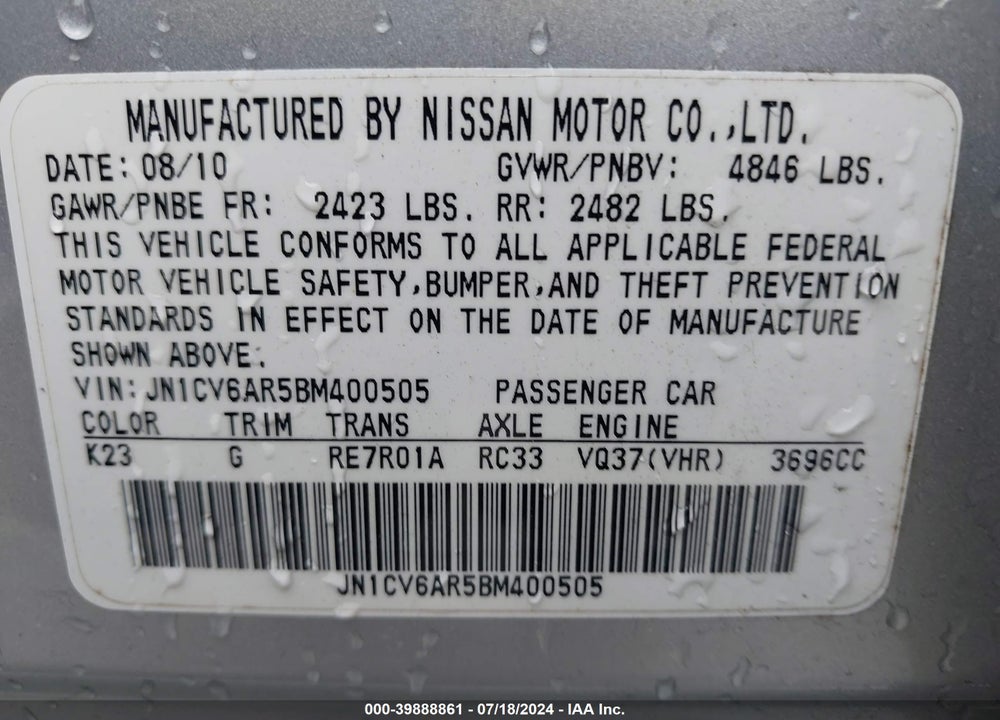 2011 INFINITI G37X VIN: JN1CV6AR5BM400505