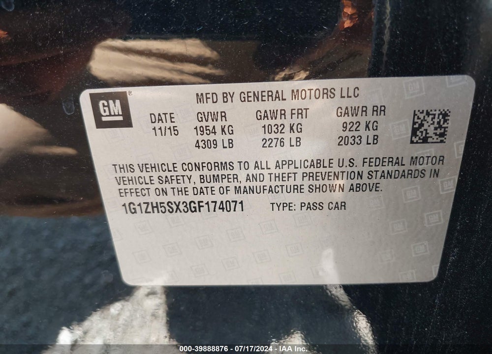 2016 CHEVROLET MALIBU VIN: 1G1ZH5SX3GF174071