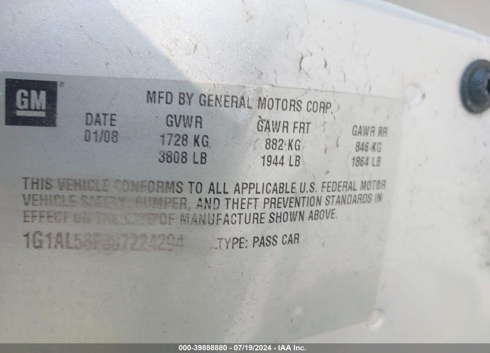 2008 CHEVROLET COBALT LT VIN: 1G1AL58F387224294