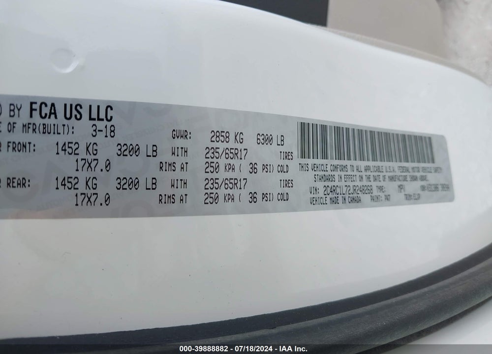 2018 CHRYSLER PACIFICA HYBRID TOURING L VIN: 2C4RC1L72JR248268