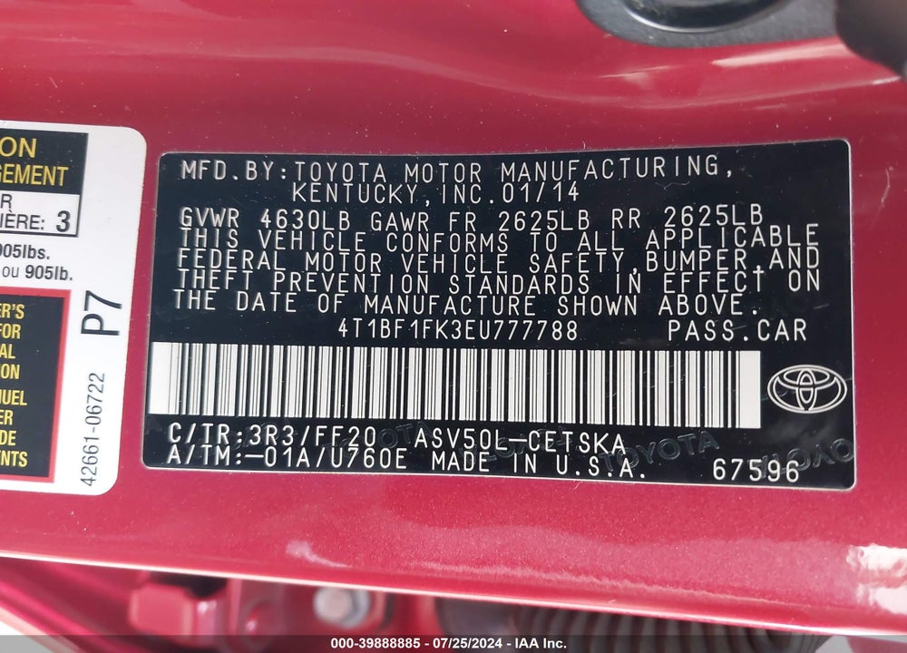 2014 TOYOTA CAMRY SE VIN: 4T1BF1FK3EU777788