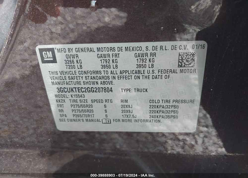 2016 CHEVROLET SILVERADO 1500 HIGH COUNTRY VIN: 3GCUKTEC2GG207804