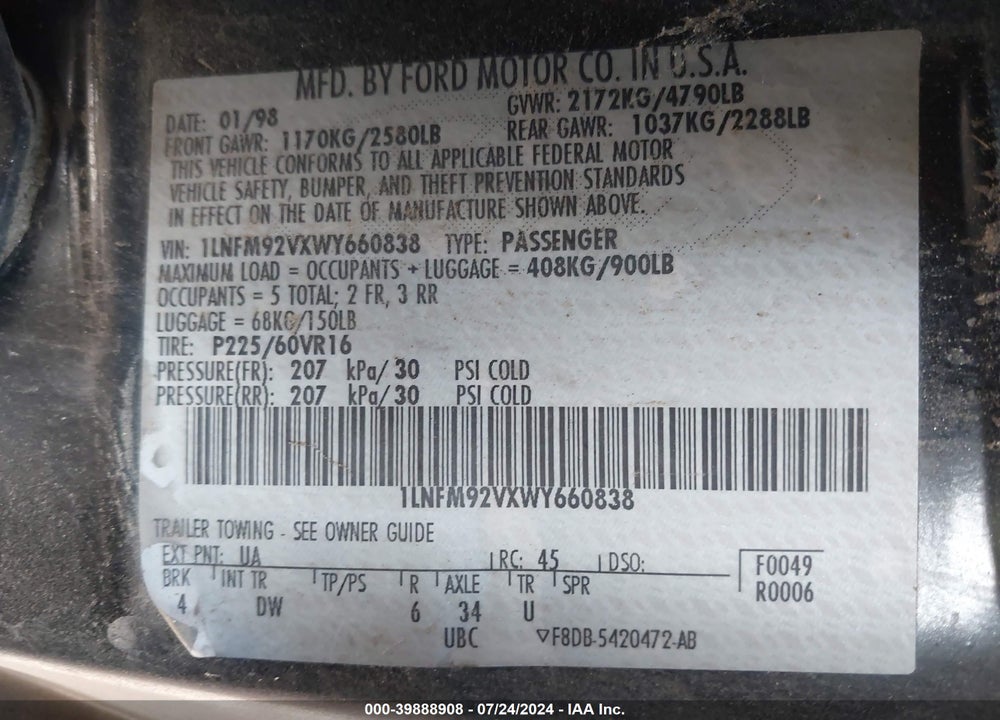 1998 LINCOLN MARK VIII LSC VIN: 1LNFM92VXWY660838