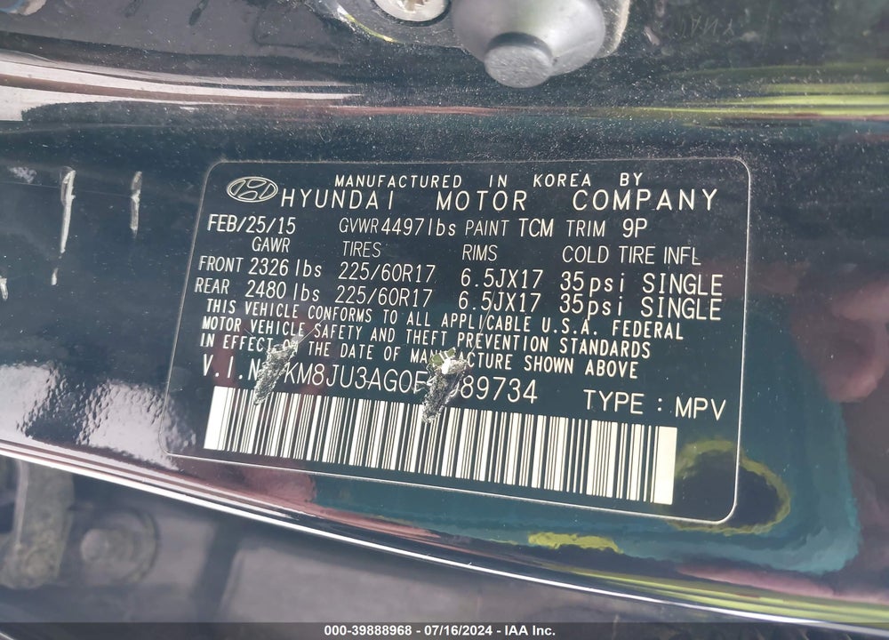 2015 HYUNDAI TUCSON SE VIN: KM8JU3AG0FU089734