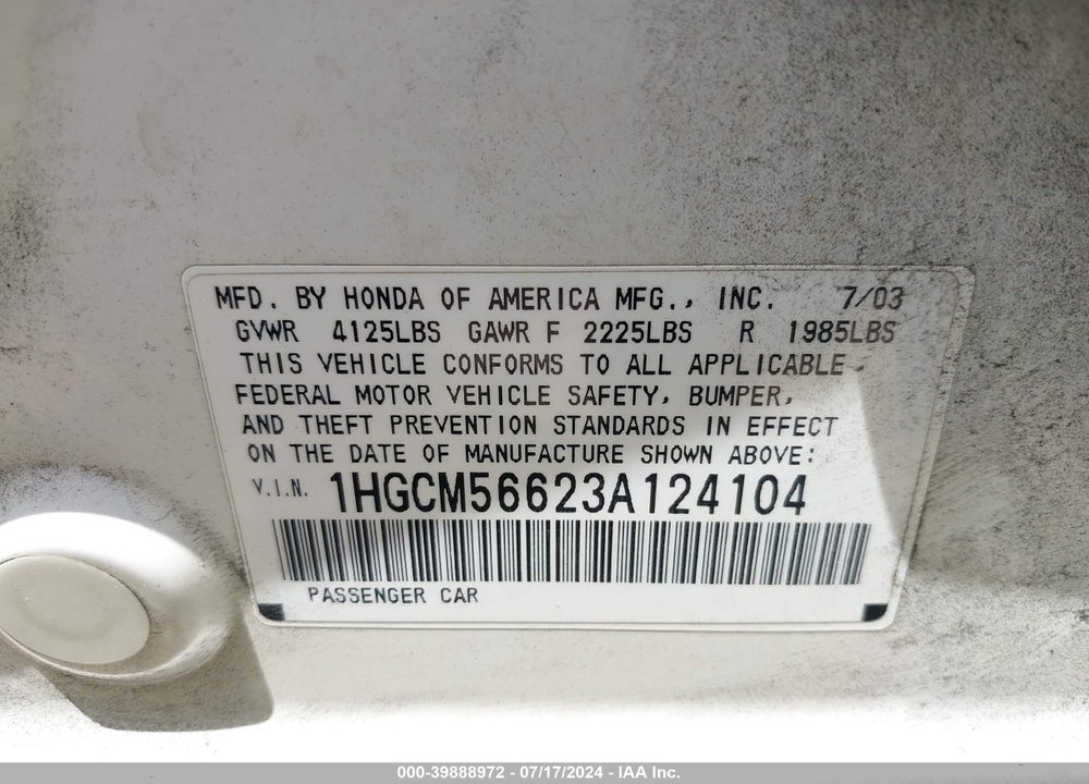 2003 HONDA ACCORD 2.4 EX VIN: 1HGCM56623A124104