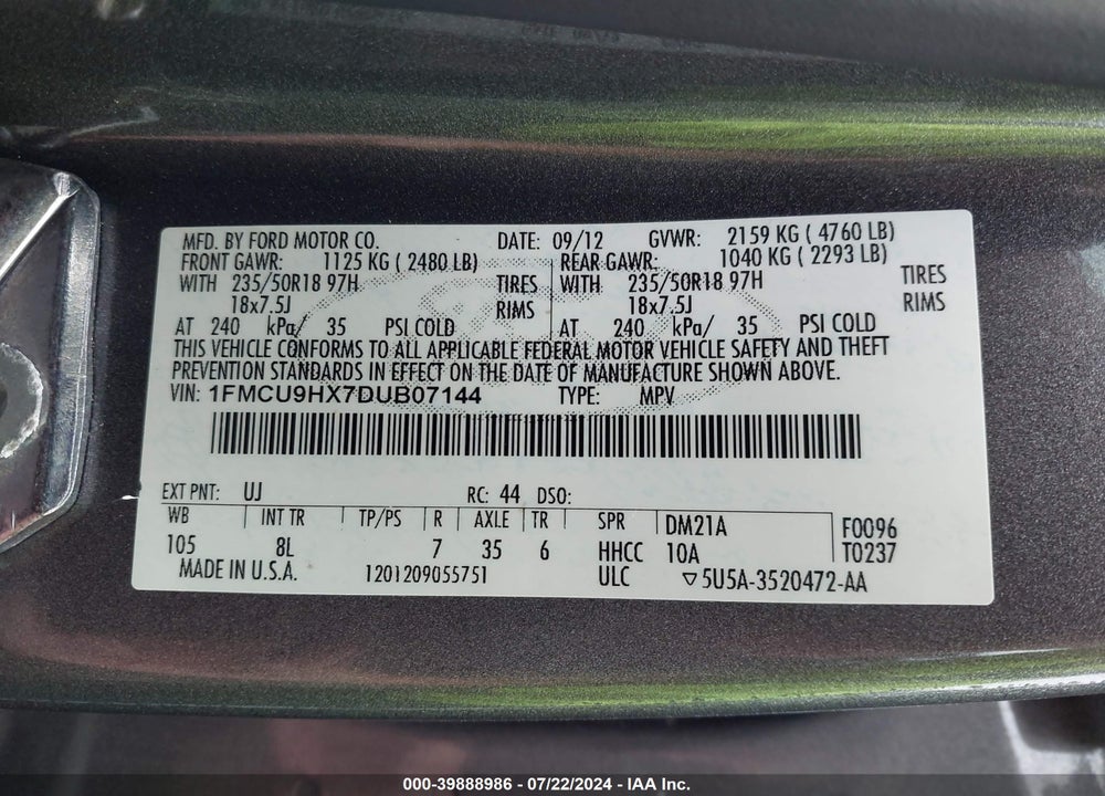 2013 FORD ESCAPE SEL VIN: 1FMCU9HX7DUB07144