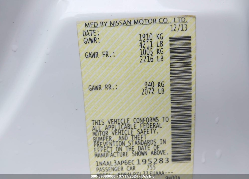 2014 NISSAN ALTIMA 2.5 VIN: 1N4AL3AP6EC195283