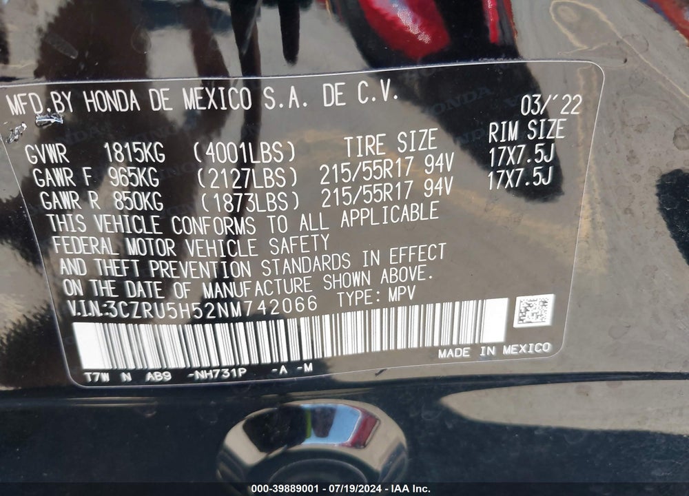 2022 HONDA HR-V 2WD EX VIN: 3CZRU5H52NM742066