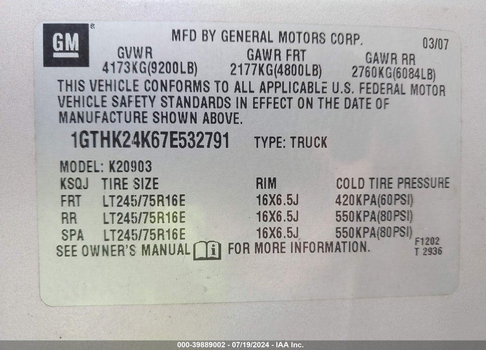 2007 GMC SIERRA 2500HD SLE1 VIN: 1GTHK24K67E532791