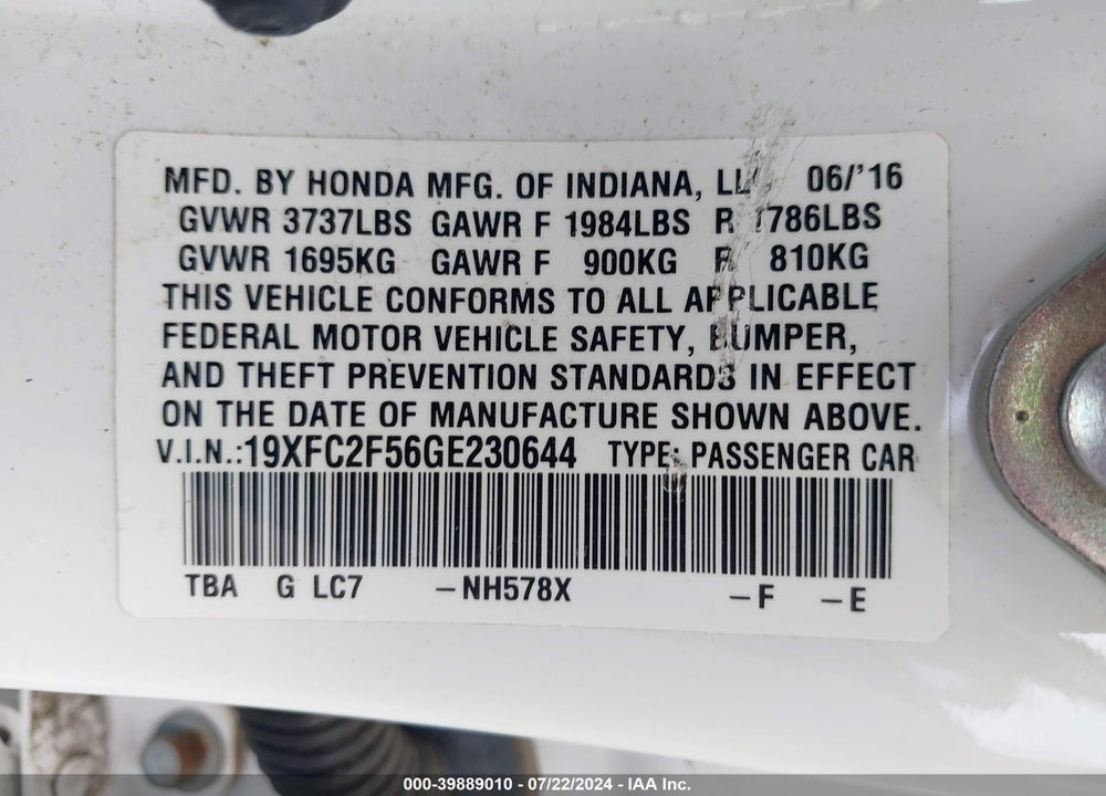 2016 HONDA CIVIC LX VIN: 19XFC2F56GE230644