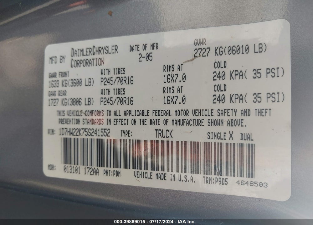 2005 DODGE DAKOTA ST VIN: 1D7HW22K75S241552