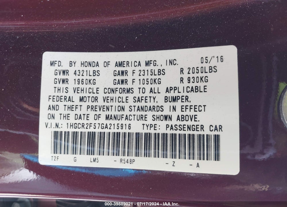2016 HONDA ACCORD SPORT VIN: 1HGCR2F57GA215916