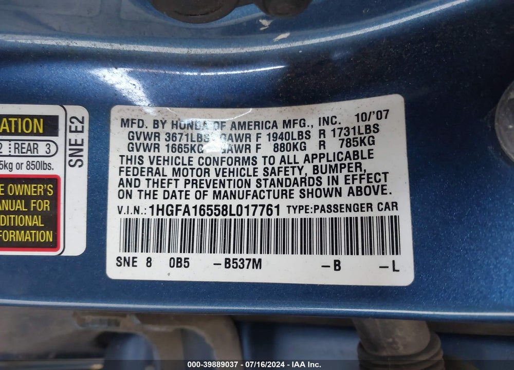 2008 HONDA CIVIC LX VIN: 1HGFA16558L017761