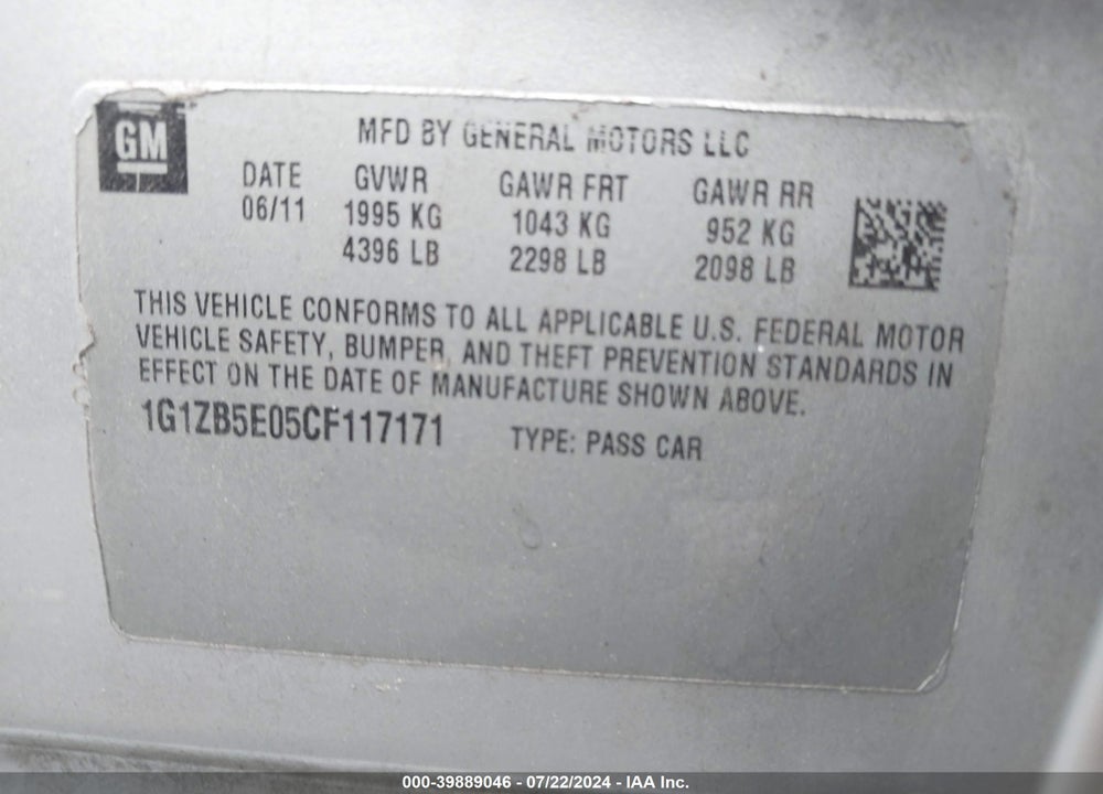2012 CHEVROLET MALIBU LS VIN: 1G1ZB5E05CF117171