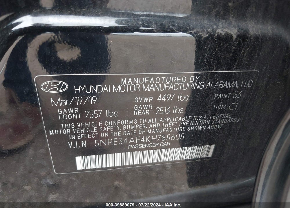 2019 HYUNDAI SONATA SEL VIN: 5NPE34AF4KH785605