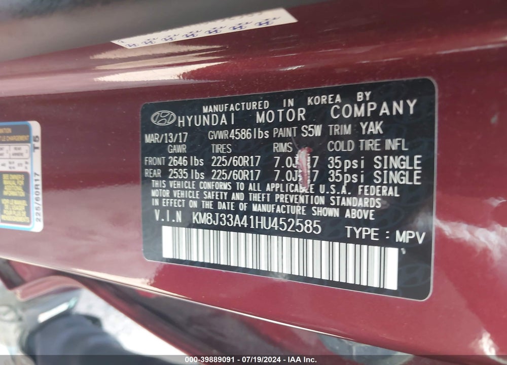 2017 HYUNDAI TUCSON SE VIN: KM8J33A41HU452585