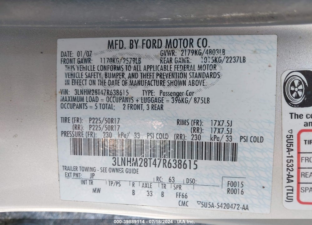 2007 LINCOLN MKZ VIN: 3LNHM28T47R638615