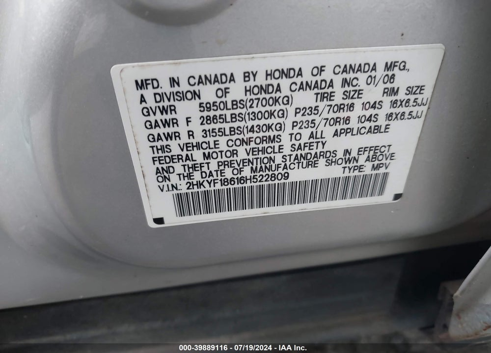 2006 HONDA PILOT EX-L VIN: 2HKYF18616H522809