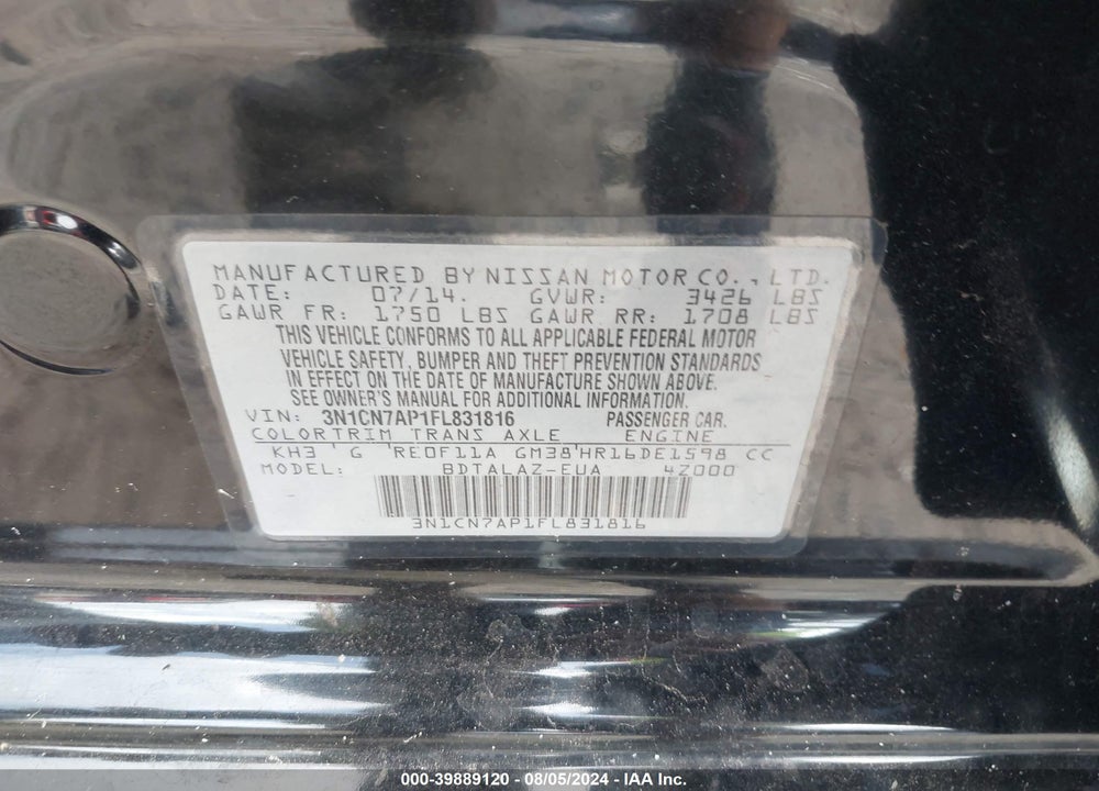 2015 NISSAN VERSA 1.6 S+ VIN: 3N1CN7AP1FL831816