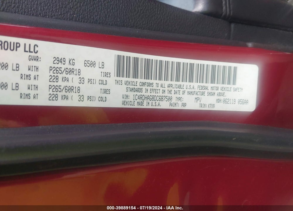 2013 DODGE DURANGO SXT VIN: 1C4RDHAG8DC687500