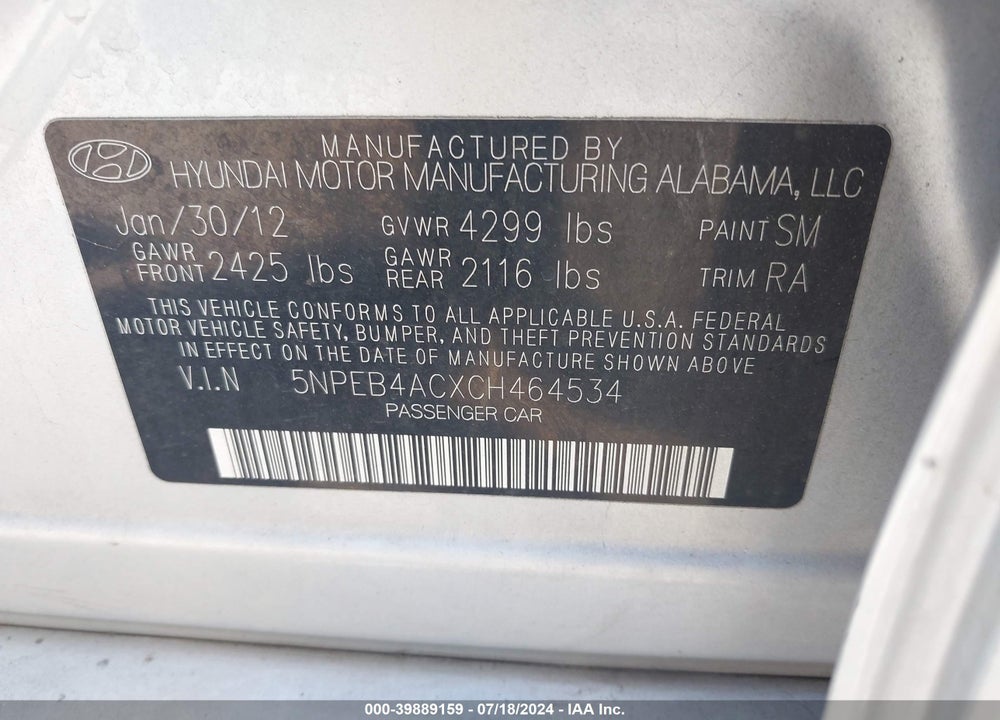 2012 HYUNDAI SONATA GLS VIN: 5NPEB4ACXCH464534