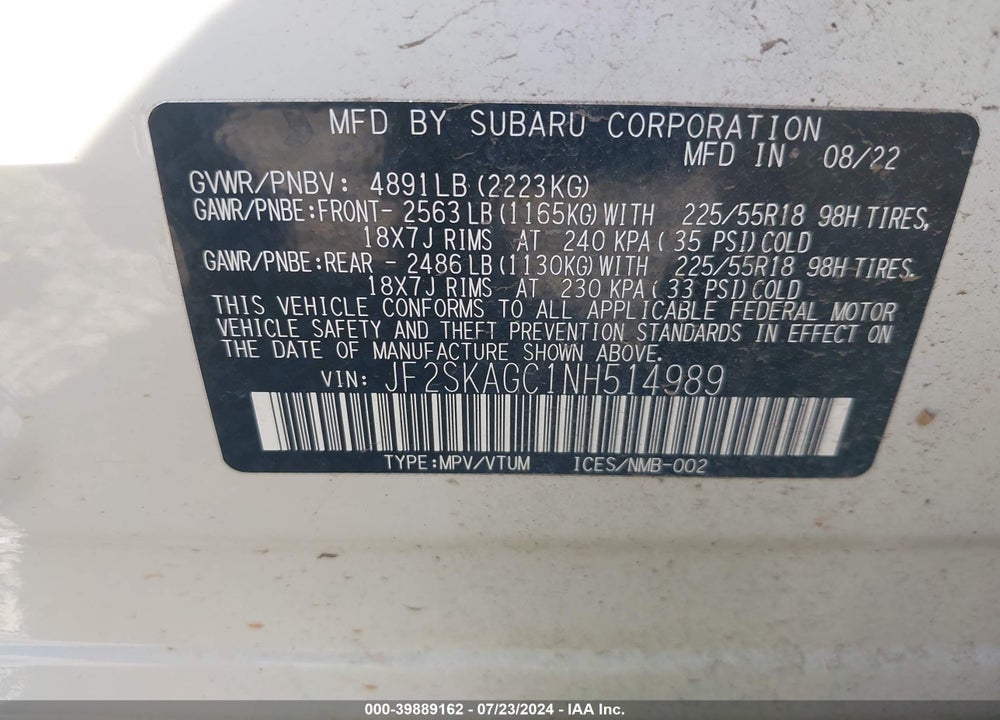 2022 SUBARU FORESTER SPORT VIN: JF2SKAGC1NH514989
