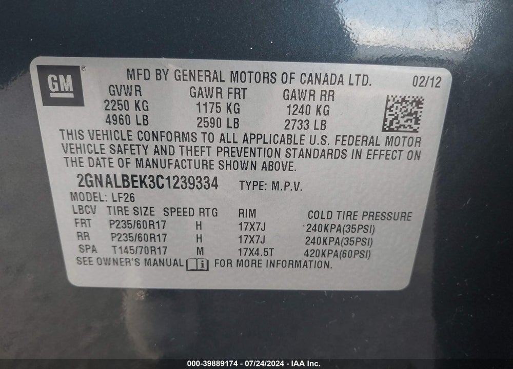 2012 CHEVROLET EQUINOX LS VIN: 2GNALBEK3C1239334