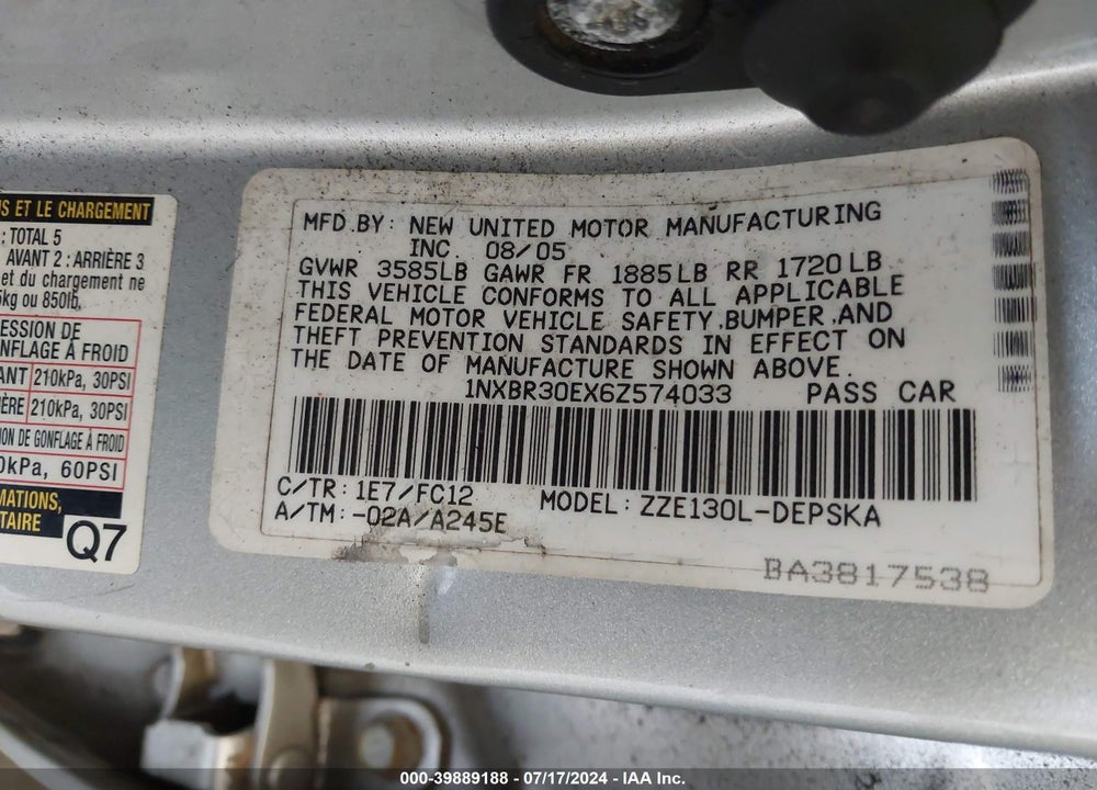 2006 TOYOTA COROLLA S VIN: 1NXBR30EX6Z574033