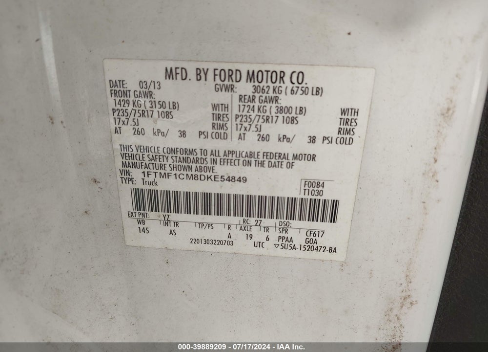 2013 FORD F-150 XL VIN: 1FTMF1CM8DKE54849