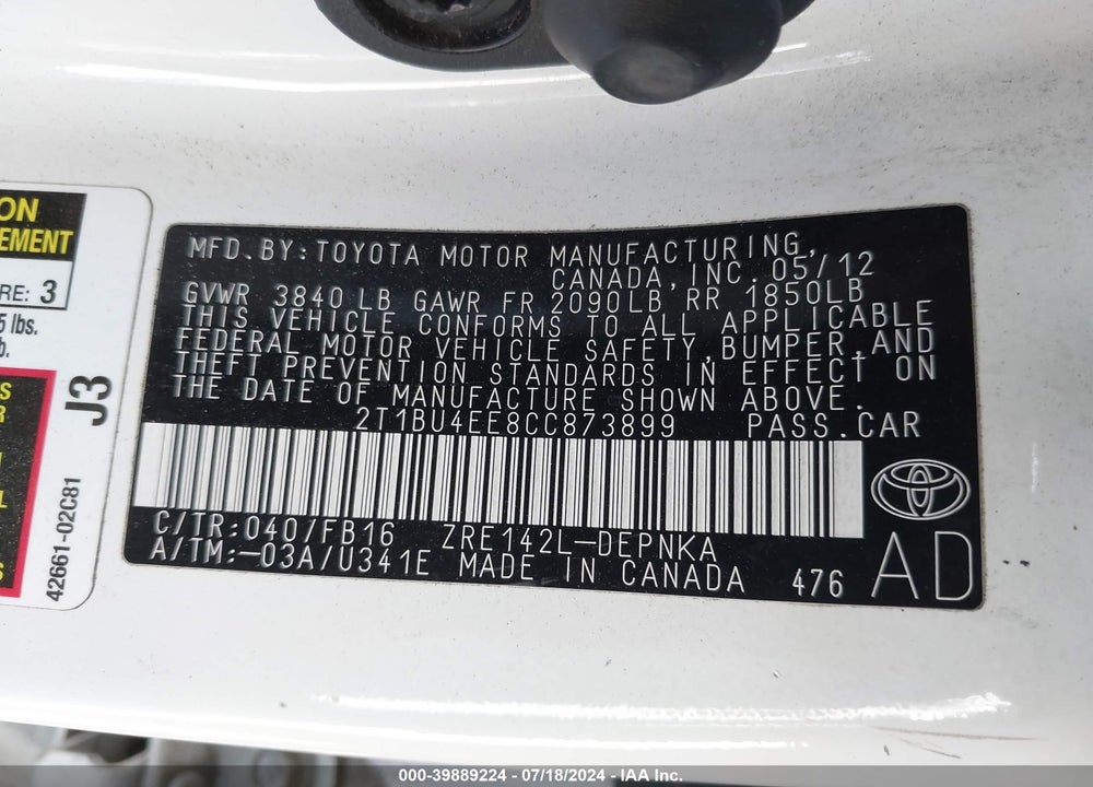 2012 TOYOTA COROLLA LE VIN: 2T1BU4EE8CC873899