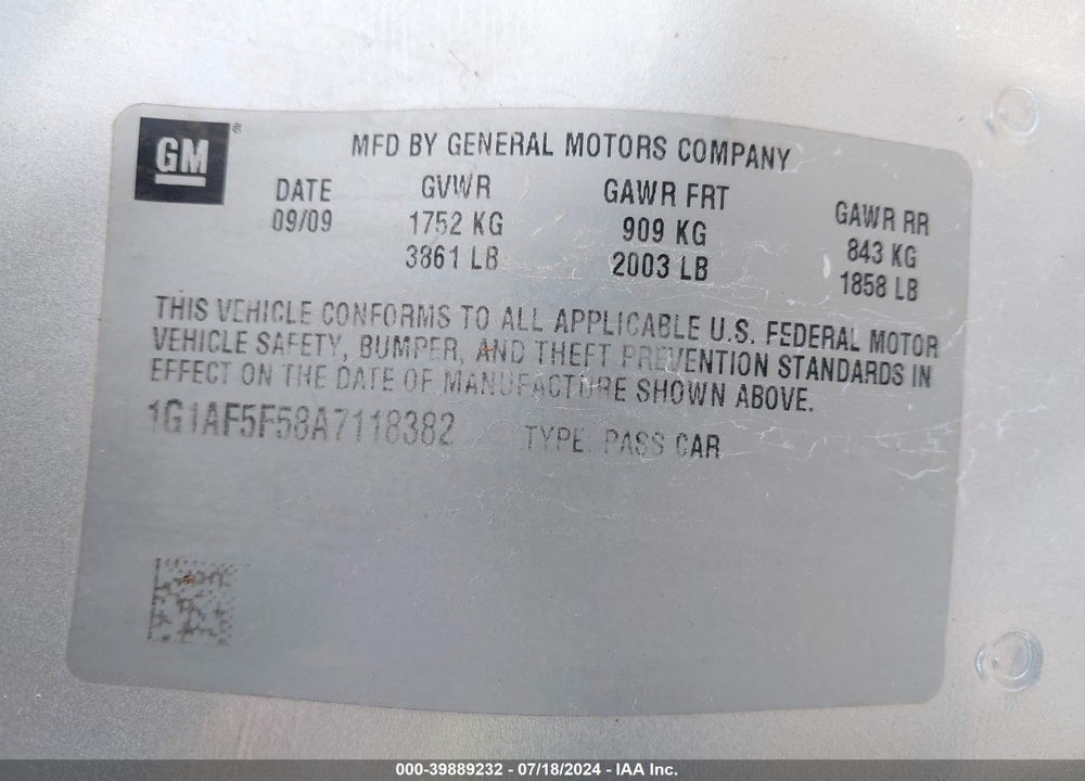 2010 CHEVROLET COBALT LT VIN: 1G1AF5F58A7118382