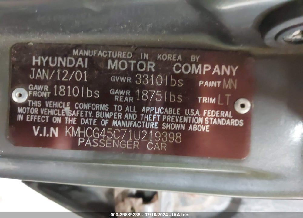 2001 HYUNDAI ACCENT GL VIN: KMHCG45C71U219398