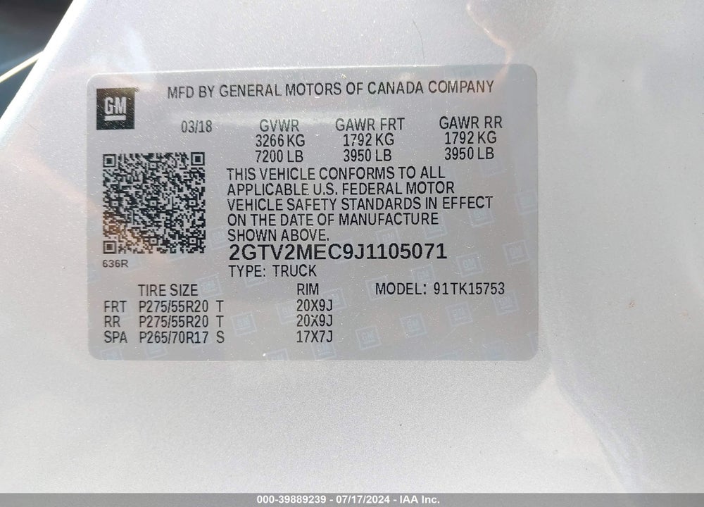 2018 GMC SIERRA 1500 SLE VIN: 2GTV2MEC9J1105071