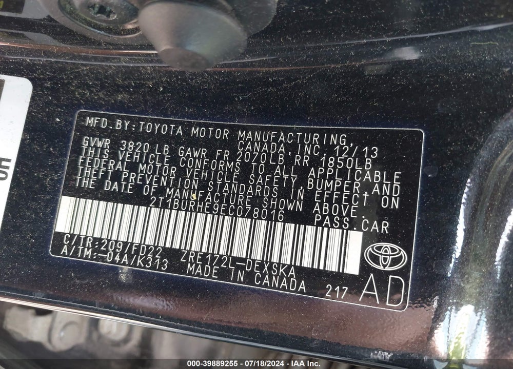 2014 TOYOTA COROLLA S PLUS VIN: 2T1BURHE9EC078016