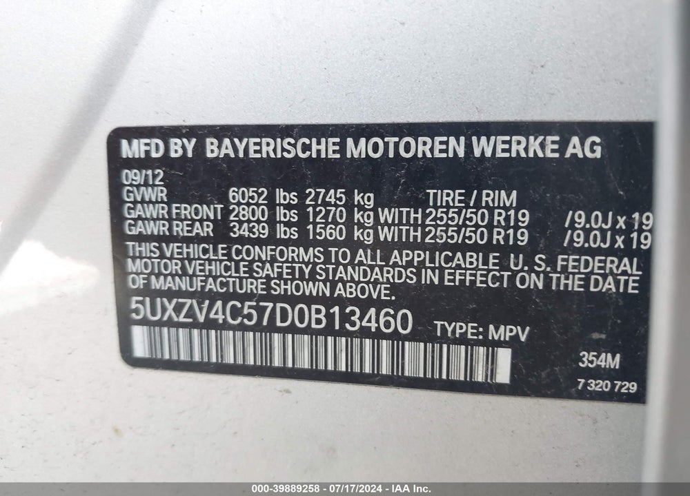 2013 BMW X5 XDRIVE35I/XDRIVE35I PREMIUM/XDRIVE35I SPORT ACTIVITY VIN: 5UXZV4C57D0B13460